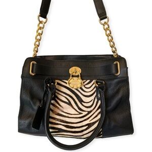 Emma Fox Black Leather Zebra Print Fur Essex Satchel Bag Gold Lock Tote EUC